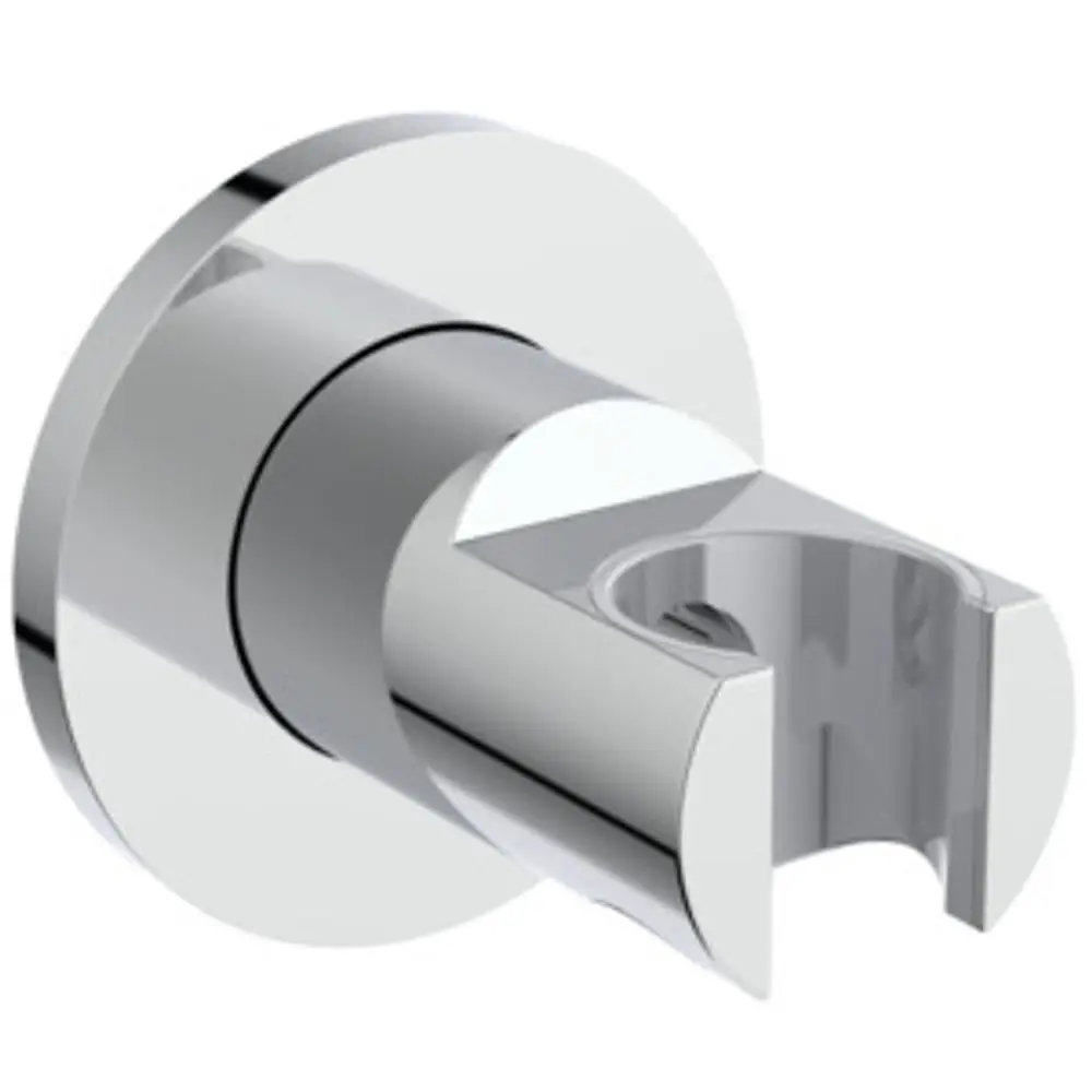 Wandhalter in chromfarbenem Design, geeignet für Handbrausen. Produkt von Ideal Standard, mit runder Rosette zur Montage an Wänden.